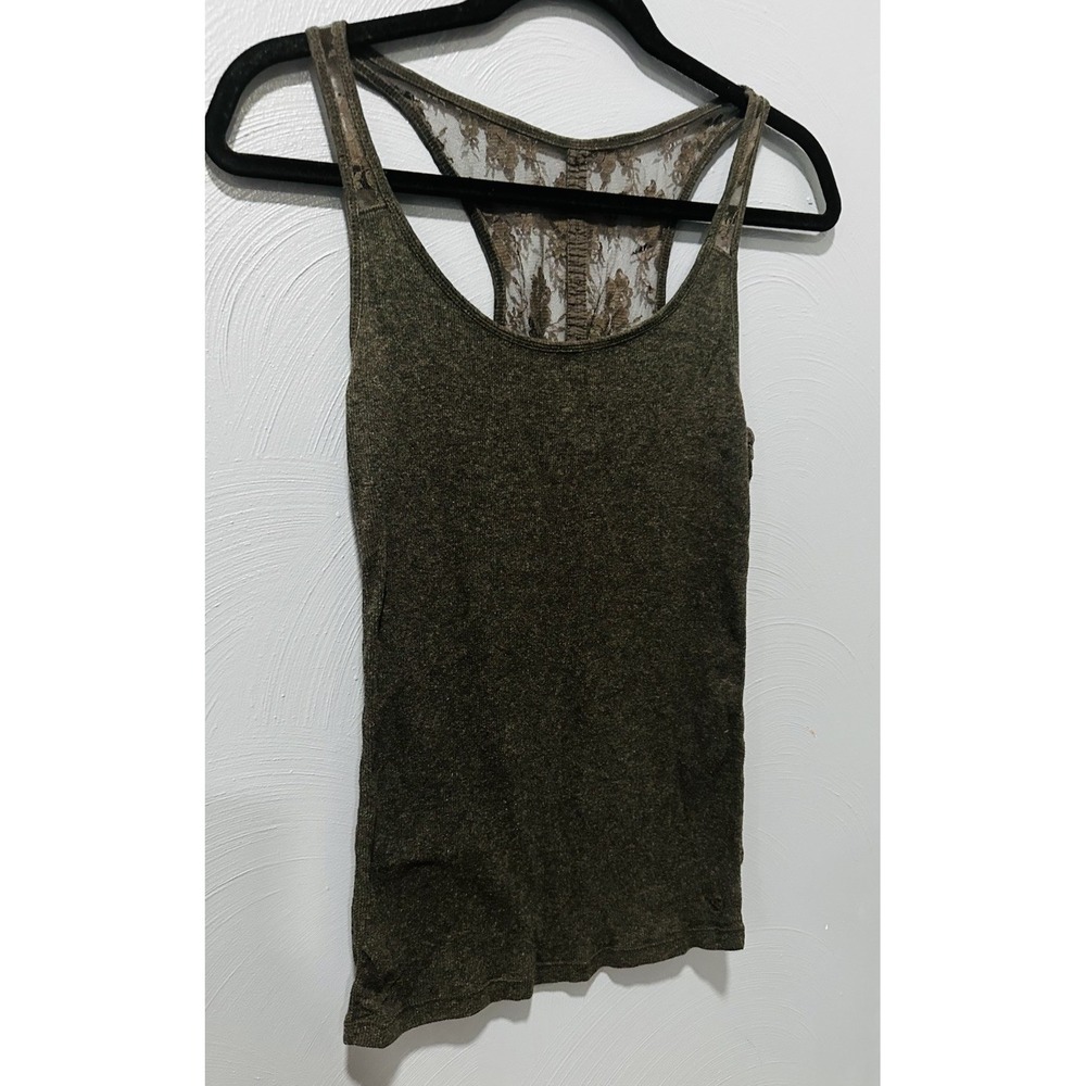 American Eagle Women Y2K Lace Back Ribbed Knit Preppy Cami Size L Gray Ribbed